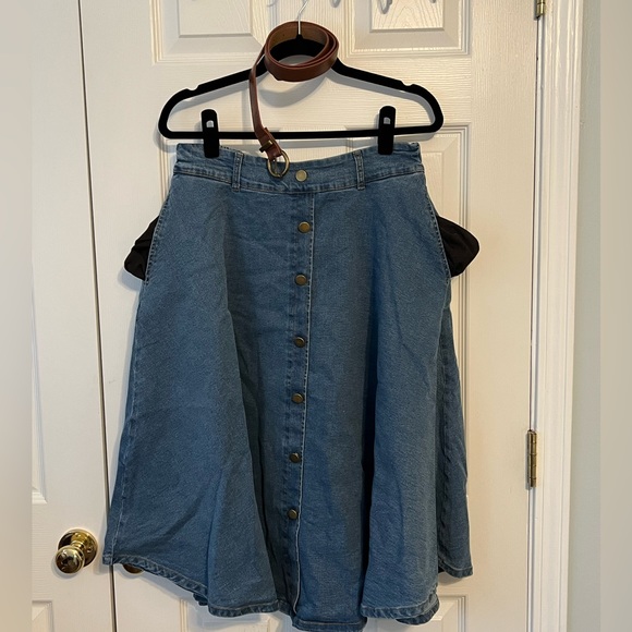 Belle Poque Women's Stretch A-Line Flared Midi Skirt w/ Pockets & Belt Size L - Picture 2 of 9